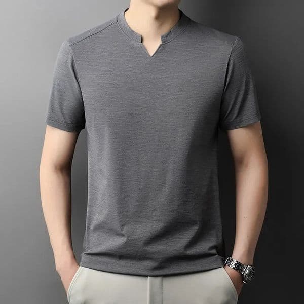Korean Mens Casual and Fashionable Small Vneck Solid Color Short Sleeved Tshirt Comfortable Summer Versatile Top 260326