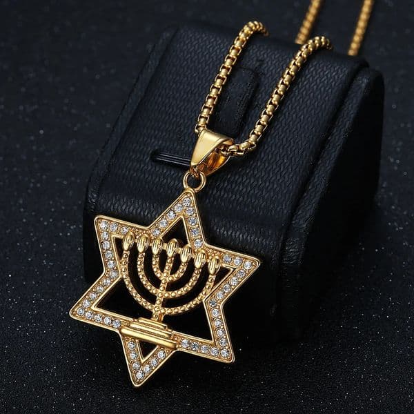 Hip Hop Iced Out Star of David Pendnat Male Gold Color Stainless Steel Candlestick Necklace For Men Je Party Jewelry Gift 260325