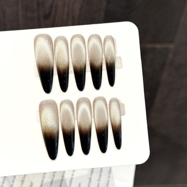 Original Black Silver Gradient Glitter Press On Nails, Cool Girl Style Skin-Whitening Extra Long False Nails