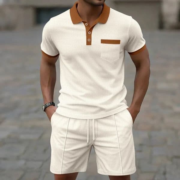 Mens Beige Brown Contrast Polo Shirt and Drawstring Shorts 2-Piece Casual Set 260324