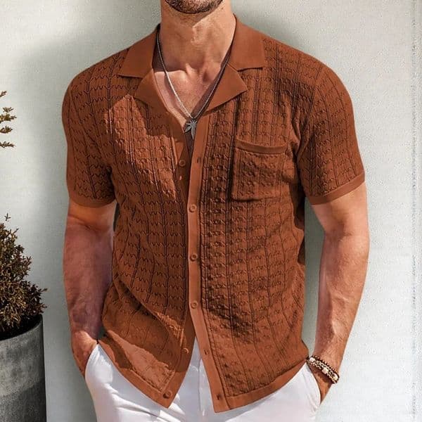 American Fashion Men Polo Shirt y Leisure Knitted Button-down Cardigan Tops Trendy Cuban Collar Short Sleeve Knitwear 260325