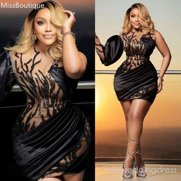 Aso Ebi Little Black Cocktail Short Prom Mini Birthday Dresses Appliqued Sequined Lace Flora Gala Gowns For Special Occasion Arabic M14