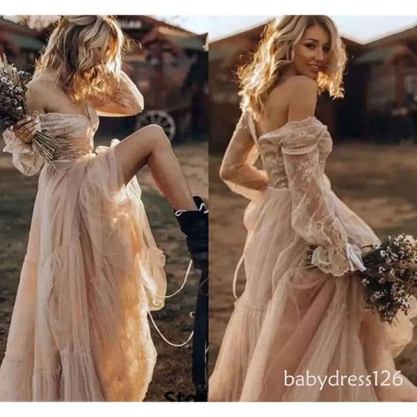Rustic Champagne Lace Chiffon Dresses Western Garden Country Cowgirl Wedding Gowns Farm Bohemain V Neck Long Sleeves A Line Hippie Vestidos De Novia ZD19