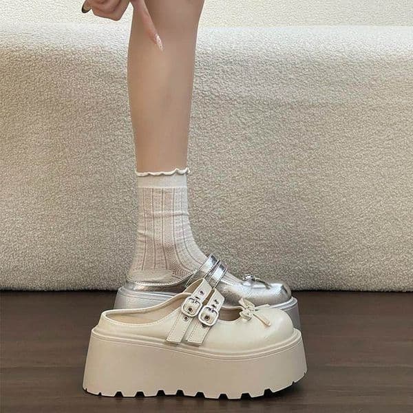 Ddmysports Fashionable Double Buckle Thin Bow Thick Soled Closed Toe Slippers Women Non Slip Height Increasing Mary Jane Half For Petite Individuals Outdoor Shoes