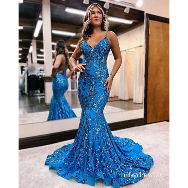 Blue Squined Mermaid Prom Dresses Sexy Spahetti Straps Criss Cross Backless Long Women Occasion Evening Gowns ZD19