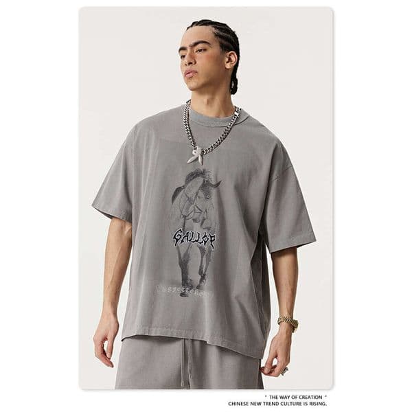 Brad High Street Wester Style Logo Chinese Embroidered Horse Head Prit Distressed Washed Short-Sleeve T-Shirt For