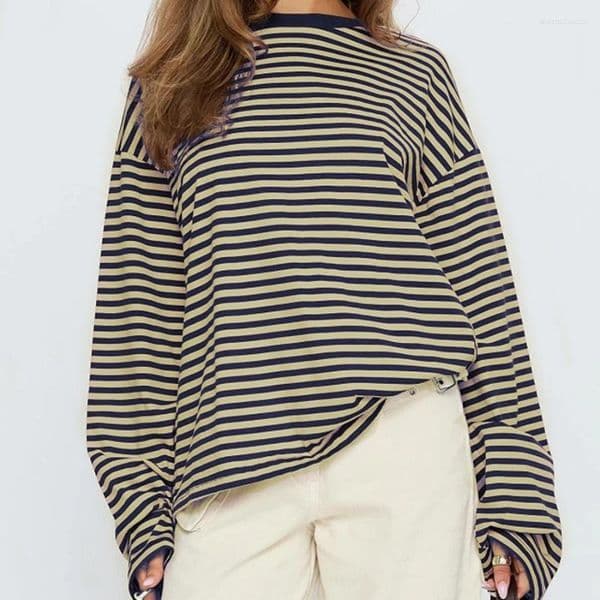 Women's Blouses Women Retro Patchwork T-shirt Long Sleeve Crew Neck Loose Ladies Fall Casual Striped Top Streetwear