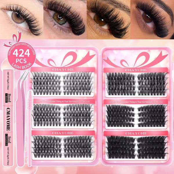 424Pcs DIY Cluster Lashes Kit with Lash Adhesive Brush Thick Fluffy DIY Segmented Eyelash Extensions Accessory for Women Handmade Reusable Individual Eyelashes