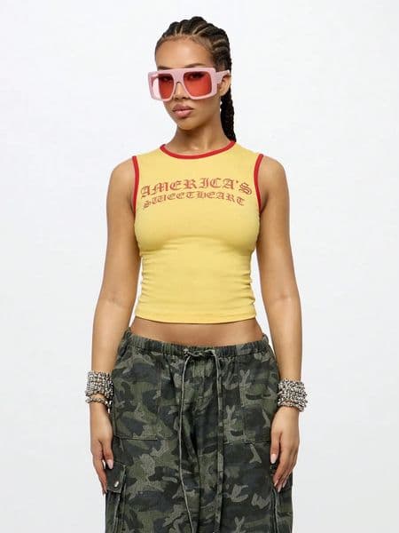 Americas Sweetheart Yellow Crop Tank Top - Y2K Streetwear Sleeveless Retro Varsity Style 260323