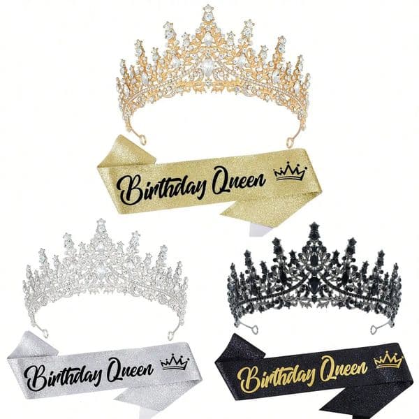 2Pcs Birthday Queen Tiara Crowns for Women Crystal Birthday Queen Headband Sash Elegant Princess Crown Birth Party Decorations 260325