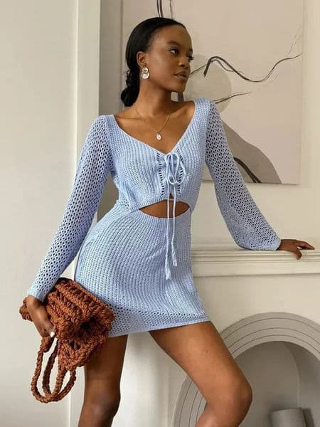 2026 Women Solid Knitted Cut Out Swimwear Cover Up Sexy Vneck Laceup Bell Sleeve Beach Mini Dress Summer Holiday Outfits A3096 260312