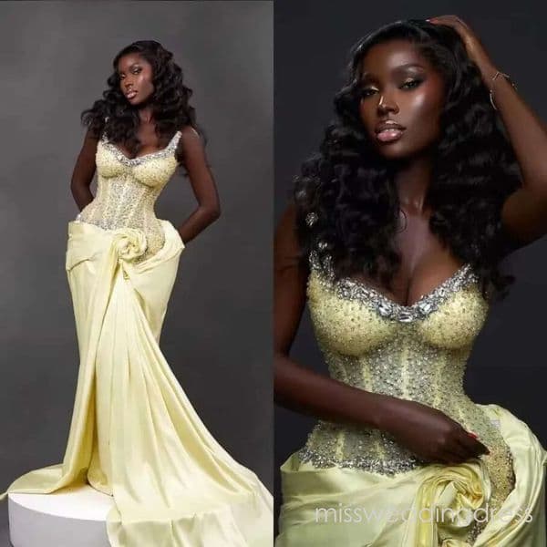 Light Yellow Charming Prom For African Black Women Sparkly Rhinestones Corset Boning Special Occasion Evening Gowns Ruched Engagement Formal Dress j11