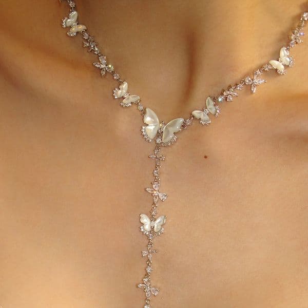 Natural Butterfly Necklace Heavy Craft White Mother-of-Pearl Long Y-Necklace Niche Elegant Shell Zircon Clavicle Chain
