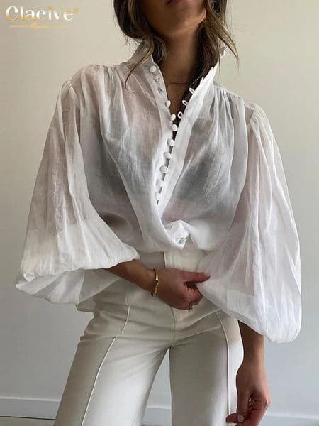 Clacive Fashion White Cotton Woman Blouse Elegant Stand Collar Puff Sleeve Shirts Casaul Classic Blusa Tops Female Clothing 260326