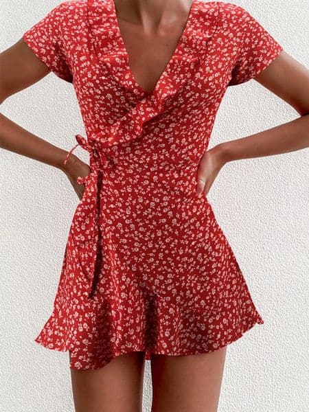 Summer Womens Floal ALine Dress Sweet Elegant Floral Ruffles Vneck Bandage Short for Lady Chic Flowers Mini 260326