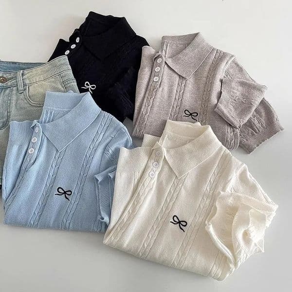 AOSSVIAO 2025 Summer Korean Fashion Slim Polo shirt Knitted Short Sleeve Tshirt Sweet Bow Embroidered Women Tops 260318