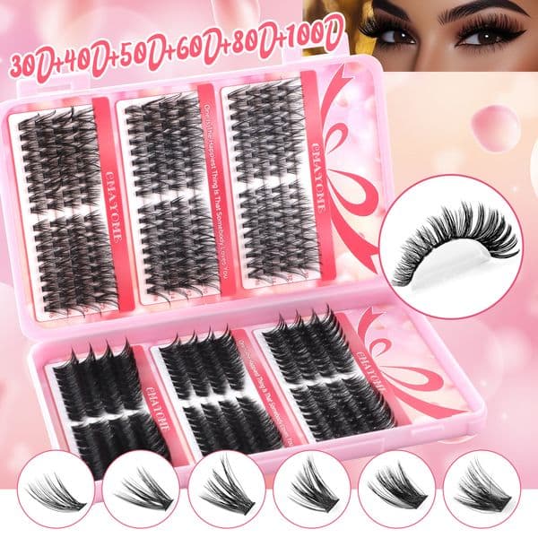 Individual Eyelashes Thick Fluffy 424Pcs DIY Cluster Lashes Kit with Lash Bond & Seal Reusable Hand Made D Curled DIY Segmented Eyelash Extensions for Women