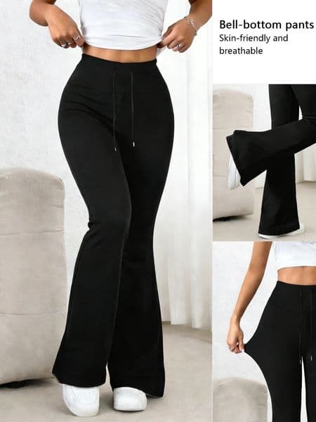 Womens Black High Waisted Bellbottom Pants 2026 Spring Drawstring Waist Stretchy Skinfriendly Breathable Casual Daily Trendy 260325BJ