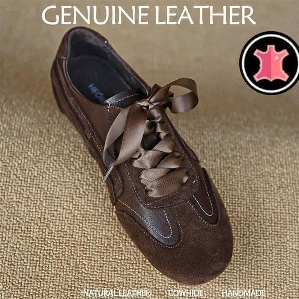 Suede Retro Lace Up Casual Flat Shoes Women Comfort Shallow Autumn Footwear Female Brown Genuine Leather Ballet Sneakers Women 260317