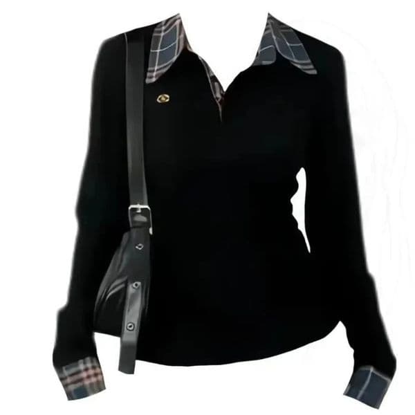 Polo Neck Plaid Patchwork Embroidery T Shirts Spring Autumn Twopiece Slim High Street Tops Fashion Casual Women Clothing 260318