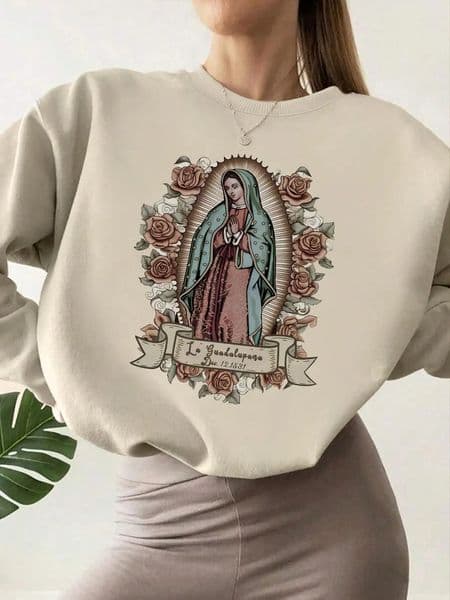 Womens Sweatshirts Floral Virgin Mary Print Round Neck Autumn Sweatshirt Hoodie Vintage Essential Women 260326