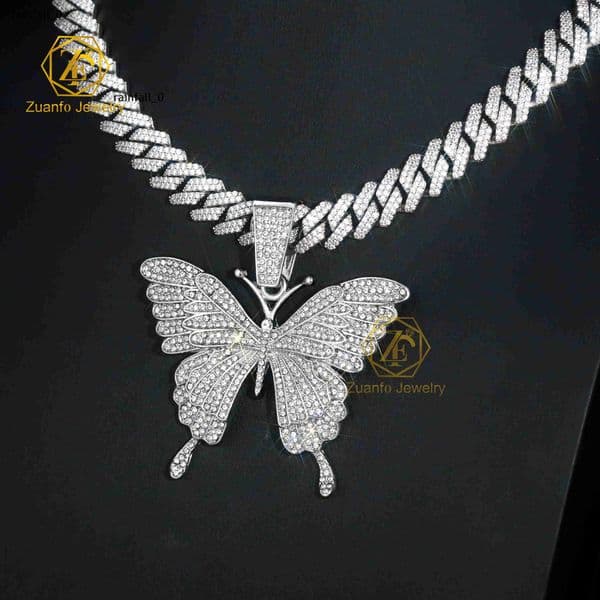 925 sterling silver VVS moissanite diamond butterfly pendant, hip-hop style design, fully diamond-encrusted pendant, suitable for Cuban chains.