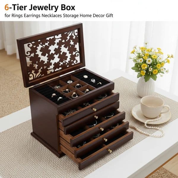 6-Tier Jewelry Box Vintage Jewelry Storage Case Wooden Jewelry Organizer for Rings Earrings Necklaces Storage Home Decor Gift 260326