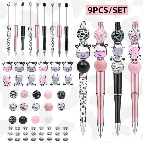9 pcs cute cow themed black ink DIY bead ballpoint pen and cute cow shaped wooden beads glitter set office and school supplie 260325