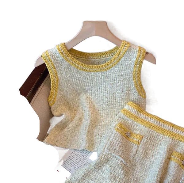 Women o-neck sleeveless yellow color block knitted tank tops and elastic waist short skirt twinset 2 pc dress suit SML