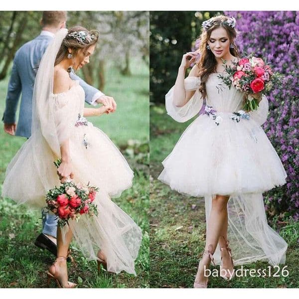 Short Dresses Off The Shoulder Tulle Ruched Princess A Line Garden Wedding Bridal Gown Custom Made Vestido De Novia 403 ZD19