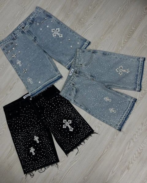 Streetwear Vintage Cross Rhinestone Sequin Denim Shorts Y2K Mens Womens Washed Baggy Casual Over The Knee Pants 260326