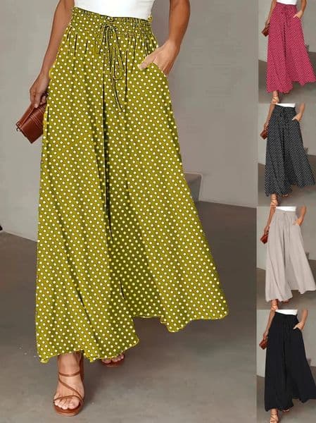 SpringSummer Bohemian Wide-Leg Pants with Elastic Waist and Polka Dot Print Long Skirt Pants for Women 260326