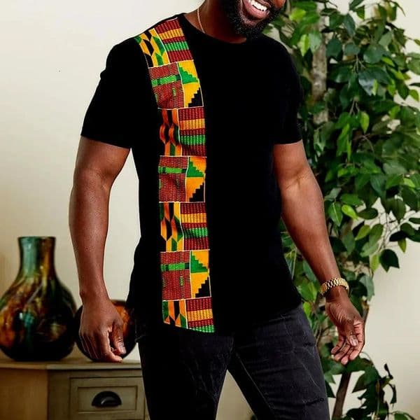 Mens African Kente Pattern TShirt Black Slim Fit Ethnic Casual Short Sleeve Fashion Top 260313
