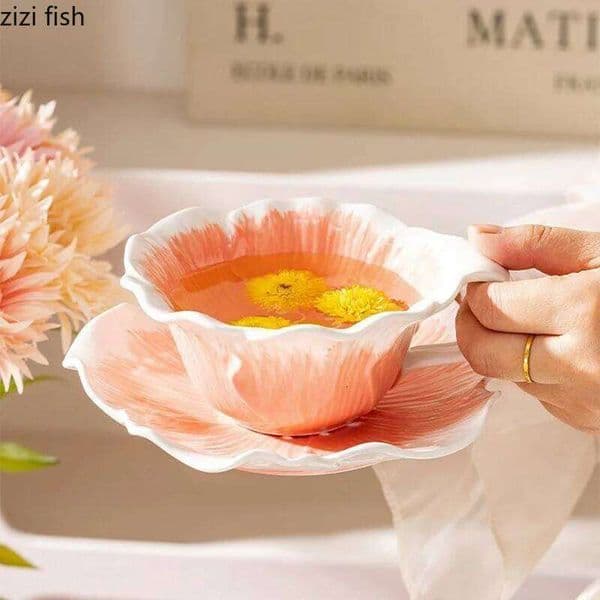 Flower Shaped Ceramic Mug Dish Set Hand-painted Coffee Milk Breakfast Cup Couple Cups Beverage Utensil 26Y0326
