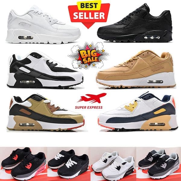 Classic 90 Kids Shoes Children Running Shoes 90s Mesh Black Leather white yellow breathable half palm cushion Boys Girls Walking Toddler Sports Shoes