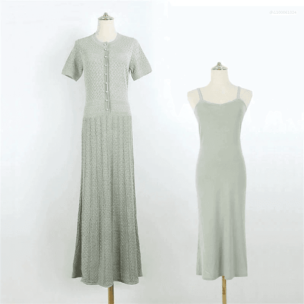 Casual Dresses High Quality Elastic Knitted Fashionable Round Neck Short Sleeved Shiny Silk Pearl Button Slim Fit Temperament Women's Dress