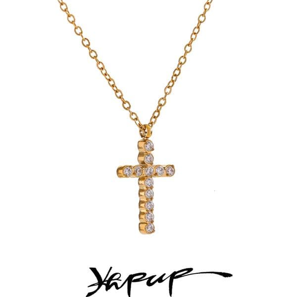 Yhpup Delicate Shiny Cubic Zirconia 316L Cross Pendant Necklace for Women Stainless Steel High Quality Jewelry Water Resistant 260325