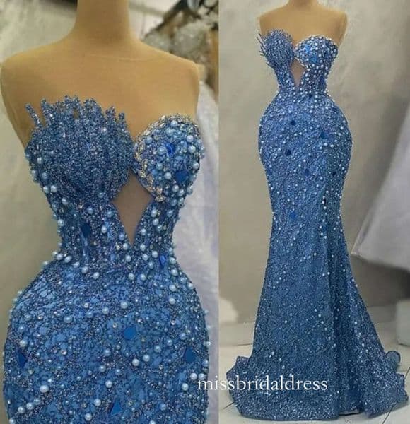 Aso Ebi Mermaid Crystals Prom Dress Sequined Lace Luxurious Evening Formal Party Second Reception Birthday Engagement Gowns Dresses Robe De Soiree D10 D0326