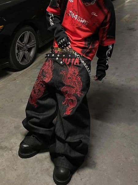 Men's Jeans High Street Gothic Embroidered Men Black Red Pattern Y2K Waist American Retro Couple Pants