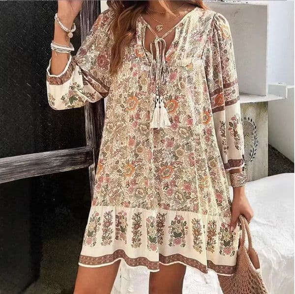 Casual Print Loose Dress For Women Fashion Long Sleeve V Neck Laceup Vintage Pullover Dresses Lady Boho Holiday Womens Clothing 260326