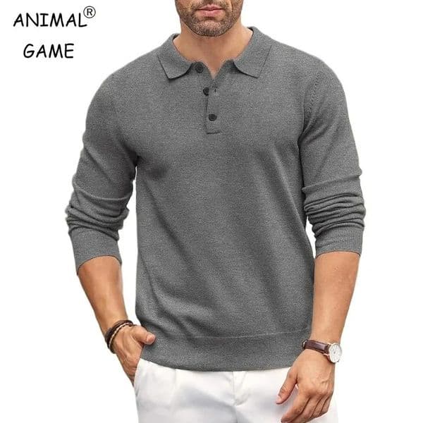 Animal Game Mens Button Polo Shirts Slim Mock Neck Shirt Knit Polo Sweaters Casual Dress Jumper Winter Thermal Pullover Sweater 260325