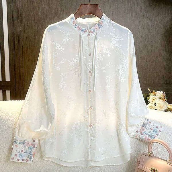 Chinese Style Women's Shirts Embroidery Loose Vintage Blouses Printed Satin Clothing Fashion Long Sleeves Tops LEEGO LENS