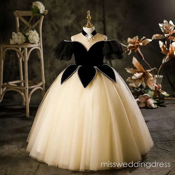 Gold Flower Girl Dresses Jewel Neck Ball Lace Appliques Beads Crystal Kids Girls Pageant Dress Sweep Train Birthday Gown Custom Made 403