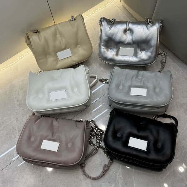 Mm6 designer leather covered closed solid color chain fashionable casual women's handbag shoulder bag crossbody bag cloud bag black white yellow gray silver