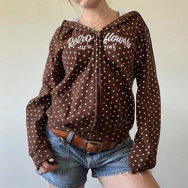 SUCHCUTE Retro Brown Polka Dot Print Hooded Sweatshirt Women ZipUp hoodie Coats Clothes Autumn Going Out Outfit Streetwea 260326