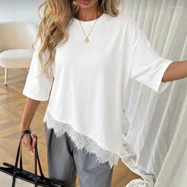 Women's T Shirts T-shirt Lace Patchwork Top Short Sleeve Design Sense European And American Summer Autumn Solid Color