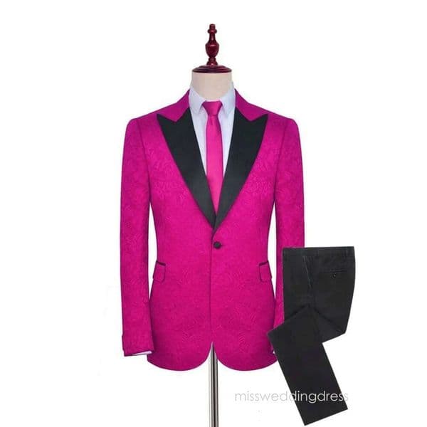 Men, Hot Pink Patterned Suit with Peak Satin Lapel, Two-Piece Groom Tuxedos for Best Man Wedding M12