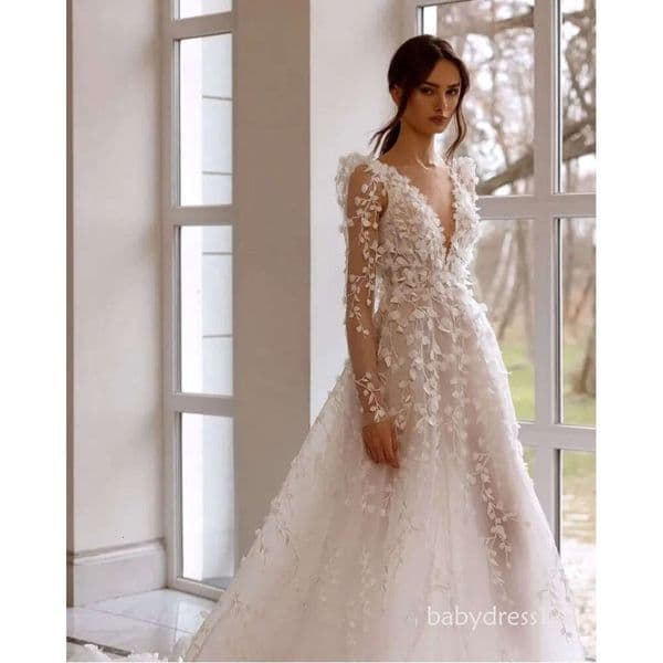 Wedding Dress Gorgeous Lace Flora Appliques Long Sleeves Open Back Bridal Gowns illusion High Split Robes de mariage BC18412 ZD19