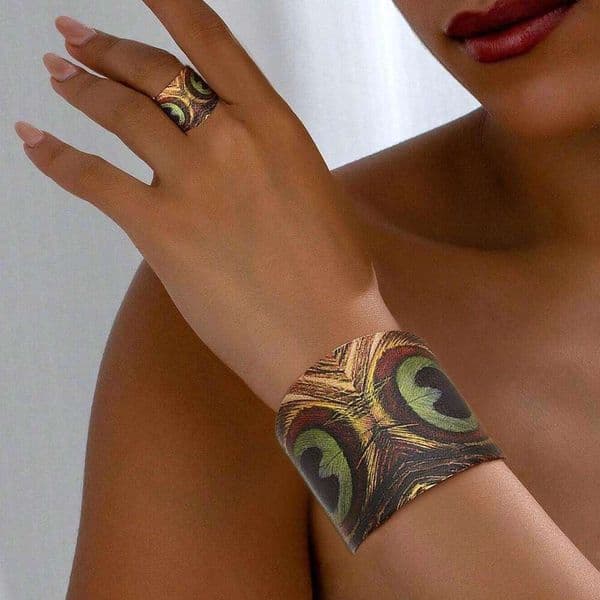 Tribal Jewelry Luxury Fashion Retro-Style Ethnic Bracelet And Set With Peacock Feather, Adjustable Open Ring