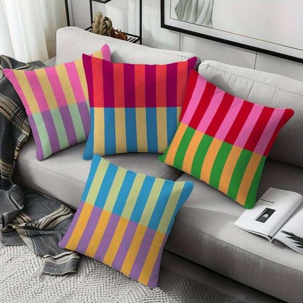 Vibrant Geometric Stripe Pillowcase Covers, Machine Washable with Zip Closure | Ideal for Living Room Sofa & Bedroom Decor 26Y0326